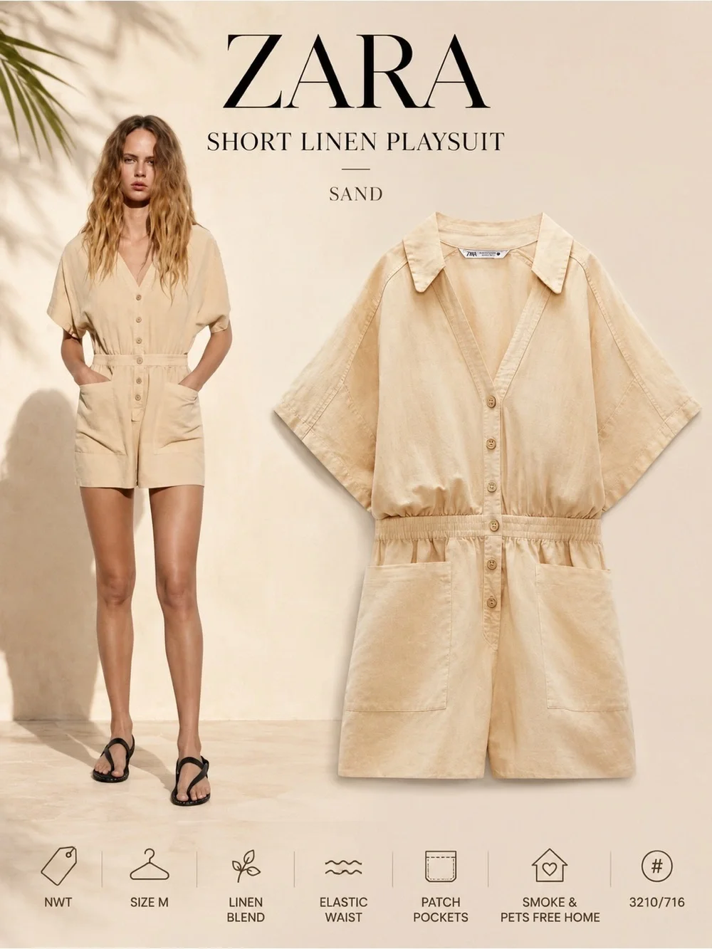Zara Sand Short Linen Playsuit Size M NWT Button Front Patch Pocket Romper